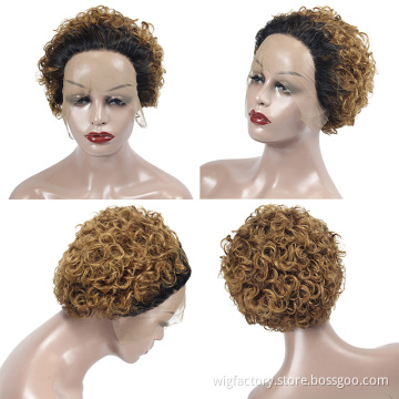 Wholesale machine made pixie curly short wigs, #30 T lace line 100 virgin human short hair wigs, short human hair wigs